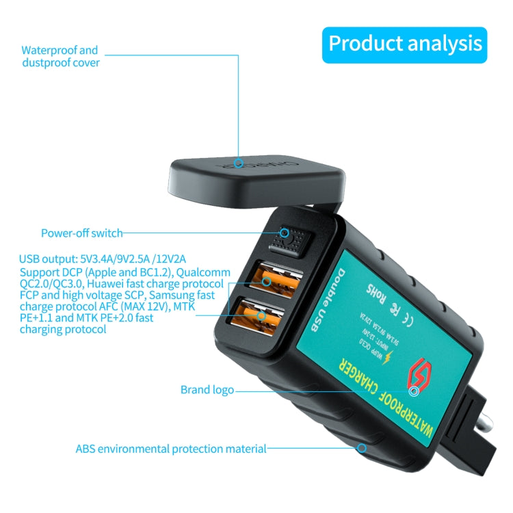 WUPP ZH-1422C3 Motorcycle Square Dual USB Fast Charging Charger with Switch + Integrated SAE Socket + 1.4m OT Terminal Cable - Battery Charger by WUPP | Online Shopping South Africa | PMC Jewellery | Buy Now Pay Later Mobicred