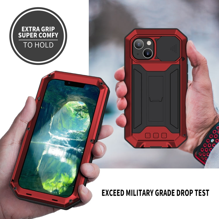 For iPhone 13 R-JUST Sliding Camera Shockproof Life Waterproof Dust-proof Metal + Silicone Protective Case with Holder(Red) - iPhone 13 Cases by R-JUST | Online Shopping South Africa | PMC Jewellery | Buy Now Pay Later Mobicred