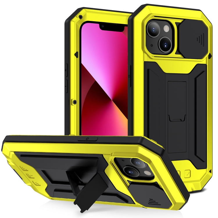 For iPhone 13 R-JUST Sliding Camera Shockproof Life Waterproof Dust-proof Metal + Silicone Protective Case with Holder(Yellow) - iPhone 13 Cases by R-JUST | Online Shopping South Africa | PMC Jewellery | Buy Now Pay Later Mobicred