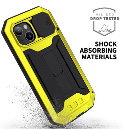 For iPhone 13 R-JUST Sliding Camera Shockproof Life Waterproof Dust-proof Metal + Silicone Protective Case with Holder(Yellow) - iPhone 13 Cases by R-JUST | Online Shopping South Africa | PMC Jewellery | Buy Now Pay Later Mobicred