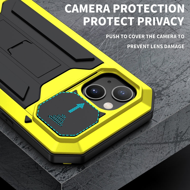 For iPhone 13 R-JUST Sliding Camera Shockproof Life Waterproof Dust-proof Metal + Silicone Protective Case with Holder(Yellow) - iPhone 13 Cases by R-JUST | Online Shopping South Africa | PMC Jewellery | Buy Now Pay Later Mobicred