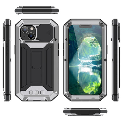 For iPhone 13 R-JUST Sliding Camera Shockproof Life Waterproof Dust-proof Metal + Silicone Protective Case with Holder(Silver) - iPhone 13 Cases by R-JUST | Online Shopping South Africa | PMC Jewellery | Buy Now Pay Later Mobicred