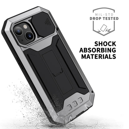 For iPhone 13 R-JUST Sliding Camera Shockproof Life Waterproof Dust-proof Metal + Silicone Protective Case with Holder(Silver) - iPhone 13 Cases by R-JUST | Online Shopping South Africa | PMC Jewellery | Buy Now Pay Later Mobicred