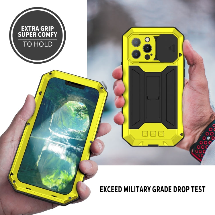 For iPhone 13 Pro R-JUST Sliding Camera Shockproof Life Waterproof Dust-proof Metal + Silicone Protective Case with Holder (Yellow) - iPhone 13 Pro Cases by R-JUST | Online Shopping South Africa | PMC Jewellery