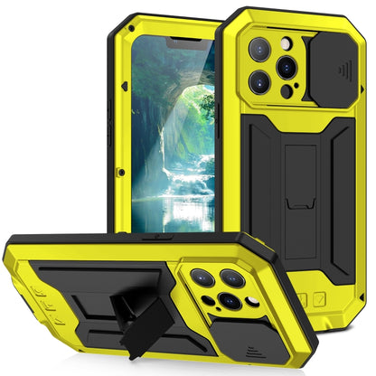 For iPhone 13 Pro Max R-JUST Sliding Camera Shockproof Life Waterproof Dust-proof Metal + Silicone Protective Case with Holder (Yellow) - iPhone 13 Pro Max Cases by R-JUST | Online Shopping South Africa | PMC Jewellery