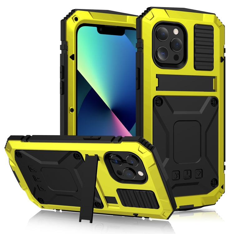 For iPhone 13 mini R-JUST Shockproof Waterproof Dust-proof Metal + Silicone Protective Case with Holder (Yellow) - iPhone 13 mini Cases by R-JUST | Online Shopping South Africa | PMC TechLife | Buy Now Pay Later Mobicred