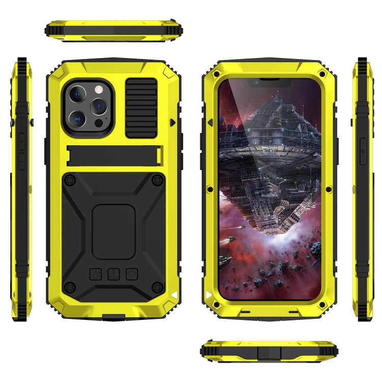 For iPhone 13 mini R-JUST Shockproof Waterproof Dust-proof Metal + Silicone Protective Case with Holder (Yellow) - iPhone 13 mini Cases by R-JUST | Online Shopping South Africa | PMC TechLife | Buy Now Pay Later Mobicred