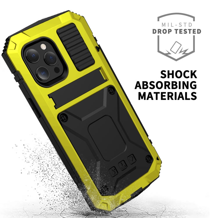 For iPhone 13 mini R-JUST Shockproof Waterproof Dust-proof Metal + Silicone Protective Case with Holder (Yellow) - iPhone 13 mini Cases by R-JUST | Online Shopping South Africa | PMC Jewellery | Buy Now Pay Later Mobicred