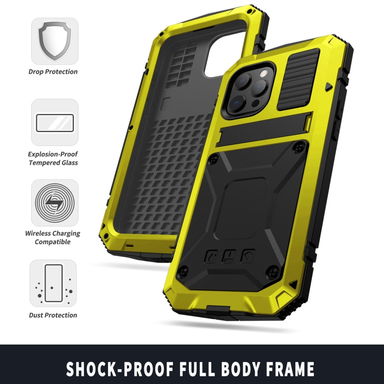 For iPhone 13 mini R-JUST Shockproof Waterproof Dust-proof Metal + Silicone Protective Case with Holder (Yellow) - iPhone 13 mini Cases by R-JUST | Online Shopping South Africa | PMC TechLife | Buy Now Pay Later Mobicred