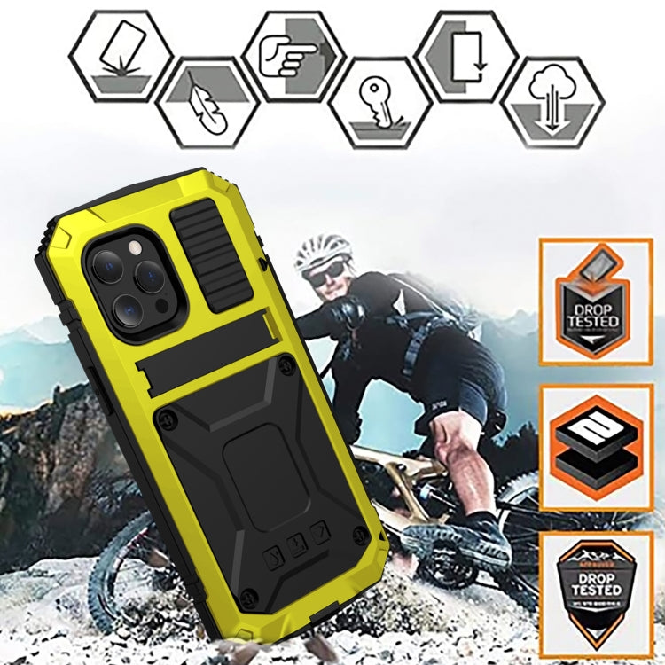 For iPhone 13 mini R-JUST Shockproof Waterproof Dust-proof Metal + Silicone Protective Case with Holder (Yellow) - iPhone 13 mini Cases by R-JUST | Online Shopping South Africa | PMC Jewellery | Buy Now Pay Later Mobicred