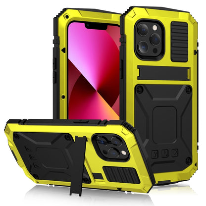 For iPhone 13 R-JUST Shockproof Waterproof Dust-proof Metal + Silicone Protective Case with Holder(Yellow) - iPhone 13 Cases by R-JUST | Online Shopping South Africa | PMC Jewellery