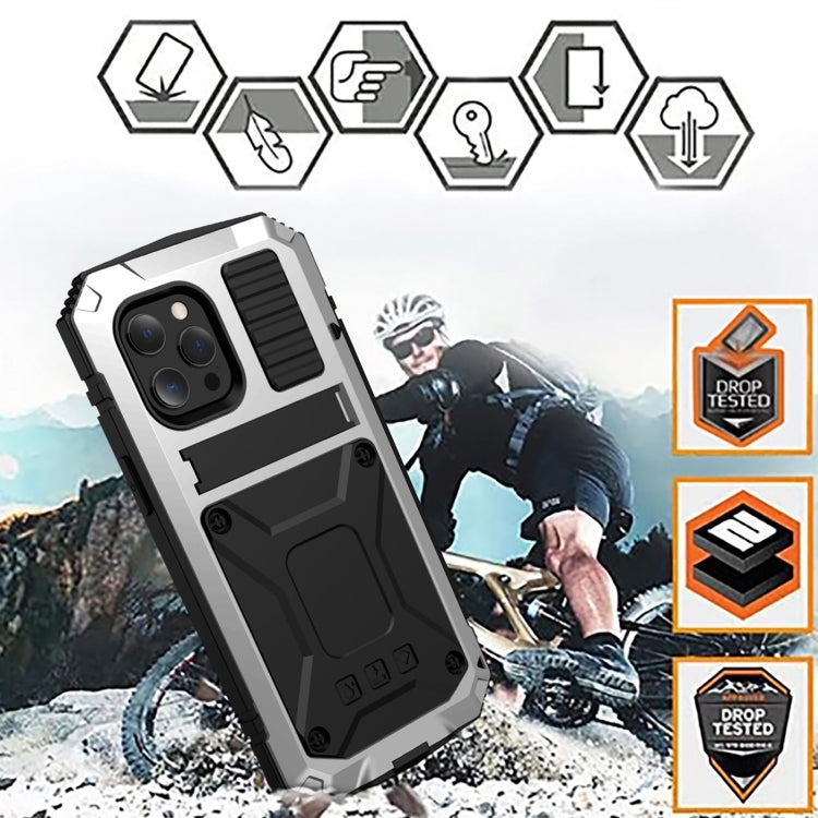 For iPhone 13 R-JUST Shockproof Waterproof Dust-proof Metal + Silicone Protective Case with Holder(Silver) - iPhone 13 Cases by R-JUST | Online Shopping South Africa | PMC Jewellery