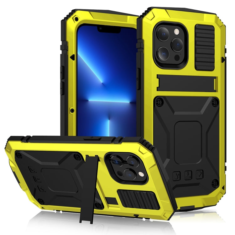 For iPhone 13 Pro R-JUST Shockproof Waterproof Dust-proof Metal + Silicone Protective Case with Holder (Yellow) - iPhone 13 Pro Cases by R-JUST | Online Shopping South Africa | PMC Jewellery | Buy Now Pay Later Mobicred