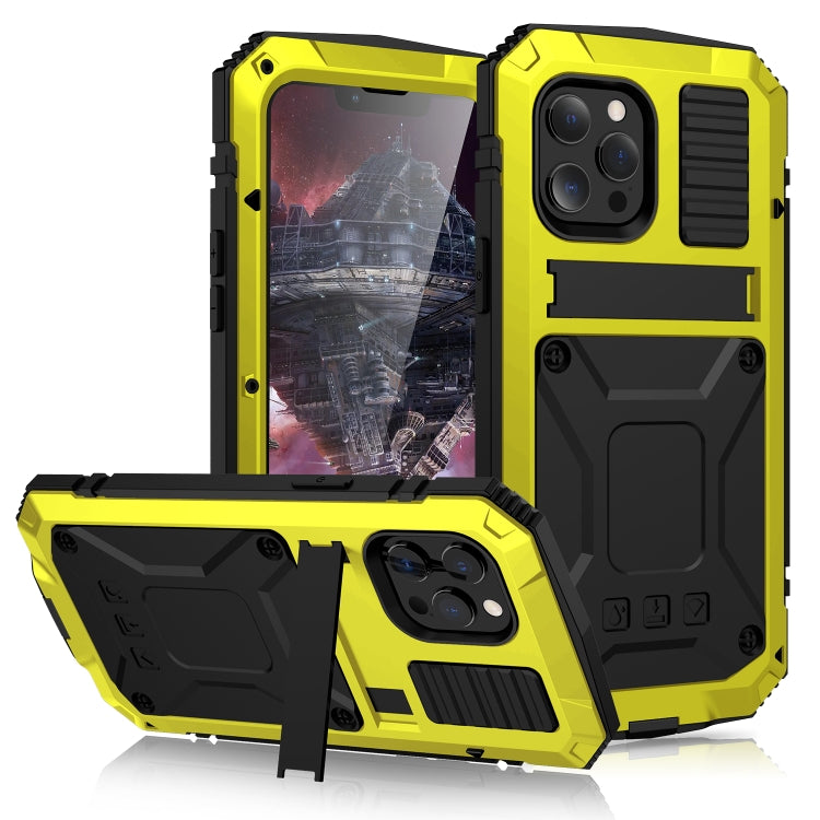 For iPhone 13 Pro Max R-JUST Shockproof Waterproof Dust-proof Metal + Silicone Protective Case with Holder (Yellow) - iPhone 13 Pro Max Cases by R-JUST | Online Shopping South Africa | PMC Jewellery