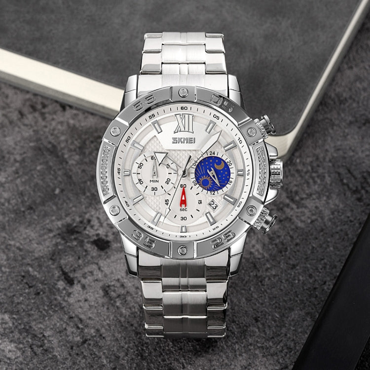 SKMEI 9235 Men Moonphase Stopwatch Stainless Steel Strap Quartz Watch(Silver) - free shipping - PMC TechLife - Order now!