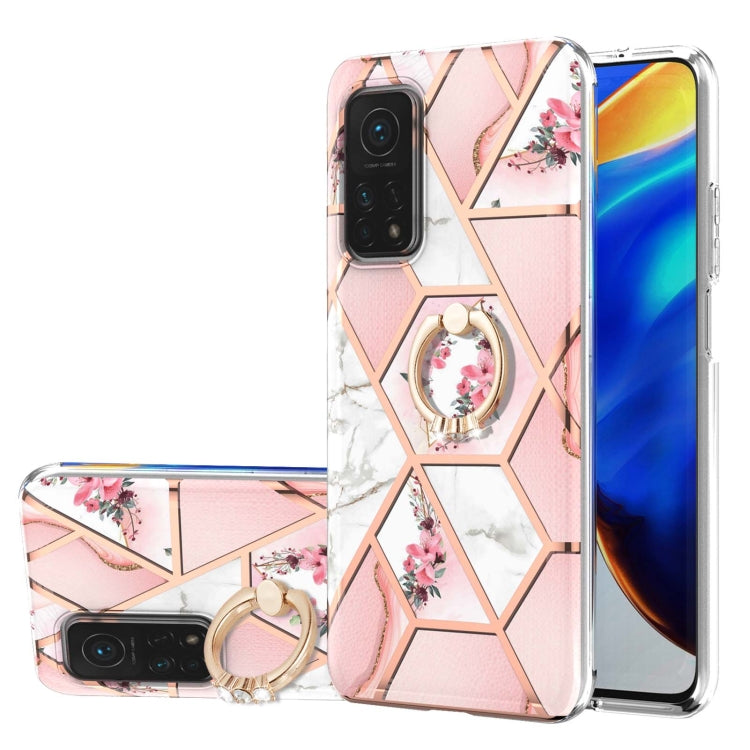 For Xiaomi Mi 10T / Mi 10T Pro Electroplating Splicing Marble Flower Pattern TPU Shockproof Case with Rhinestone Ring Holder(Pink Flower) - Xiaomi Cases by PMC Jewellery | Online Shopping South Africa | PMC Jewellery