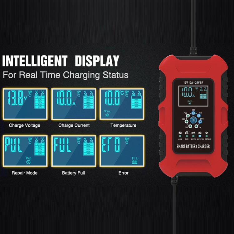 FOXSUR 10A 12V 7-segment Motorcycle / Car Smart Battery Charger, Plug Type:EU Plug(Red) - Battery Charger by FOXSUR | Online Shopping South Africa | PMC TechLife | Buy Now Pay Later Mobicred