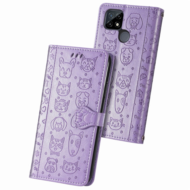 For OPPO Realme C21Y Cat and Dog Embossed Horizontal Flip Phone Leather Case with Holder & Card Slot & Wallet & Lanyard(Purple) - Realme Cases by PMC Jewellery | Online Shopping South Africa | PMC Jewellery | Buy Now Pay Later Mobicred