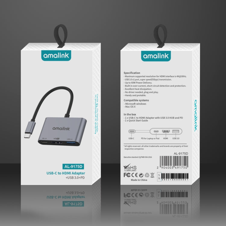 amalink 9175D Type-C / USB-C to HDMI + USB 3.0 + PD HUB Adapter(Grey) - USB HUB by amalink | Online Shopping South Africa | PMC Jewellery | Buy Now Pay Later Mobicred