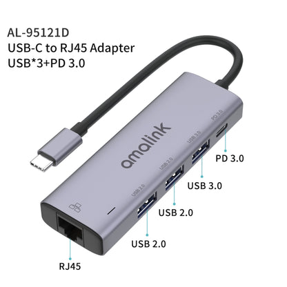 amalink 95121D Type-C / USB-C to RJ45 + 3 Ports USB + PD 3.0 Multi-function HUB(Grey) - USB HUB by amalink | Online Shopping South Africa | PMC Jewellery | Buy Now Pay Later Mobicred