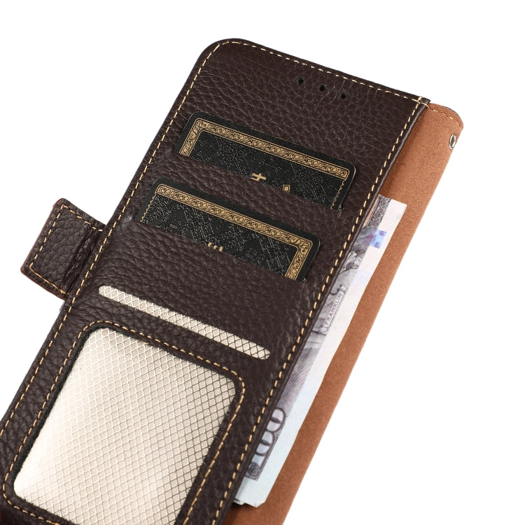 For OnePlus 9R KHAZNEH Side-Magnetic Litchi Genuine Leather RFID Phone Case(Brown) - OnePlus Cases by PMC TechLife | Online Shopping South Africa | PMC TechLife | Buy Now Pay Later Mobicred