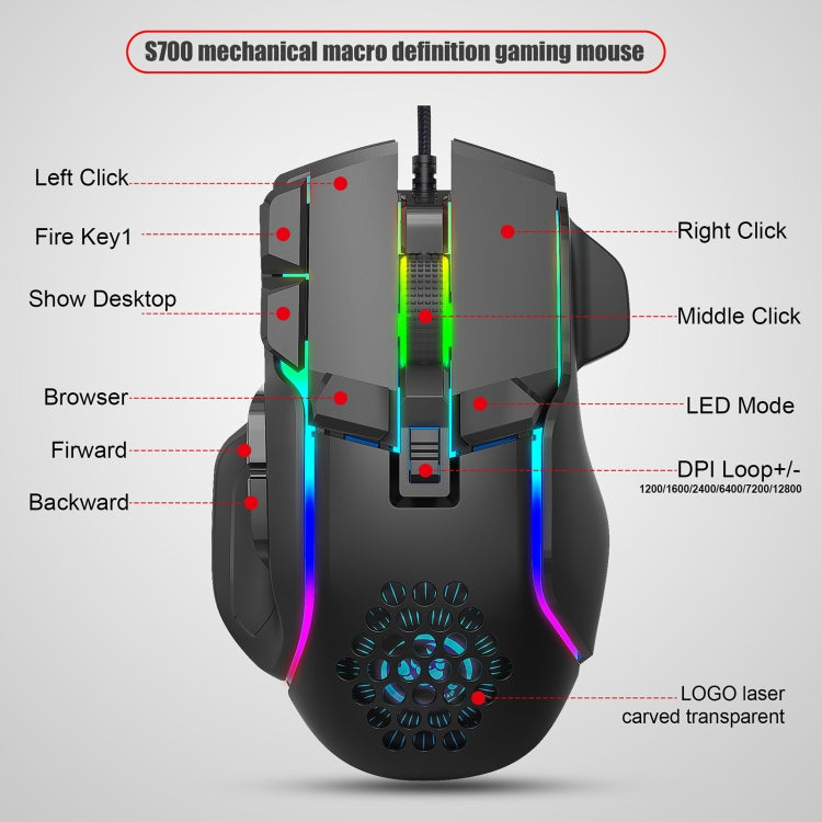 HXSJ S700 USB 12800dpi Adjustable 10-Keys Mechanical Wired Gaming Mouse(Black) - Wired Mice by HXSJ | Online Shopping South Africa | PMC Jewellery | Buy Now Pay Later Mobicred