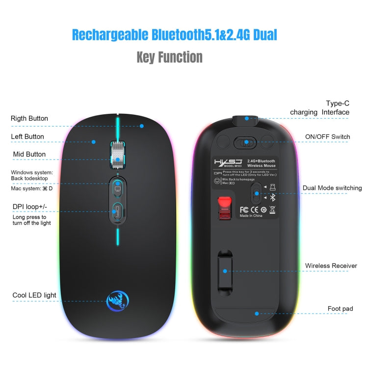 HXSJ M103FG 1600dpi Adjustable 2.4G + Bluetooth RGB Light Wireless Mouse(Black) - Wireless Mice by HXSJ | Online Shopping South Africa | PMC Jewellery | Buy Now Pay Later Mobicred