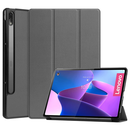 For Lenovo Tab P12 Pro 12.6 Three-folding Holder Custer Texture Leather Tablet Case(Grey) - Lenovo by PMC Jewellery | Online Shopping South Africa | PMC Jewellery