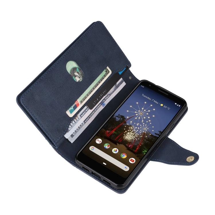 For Google Pixel 3A Rivet Buckle 9 Cards Three Fold Leather Phone Case(Blue) - Google Cases by PMC TechLife | Online Shopping South Africa | PMC TechLife | Buy Now Pay Later Mobicred