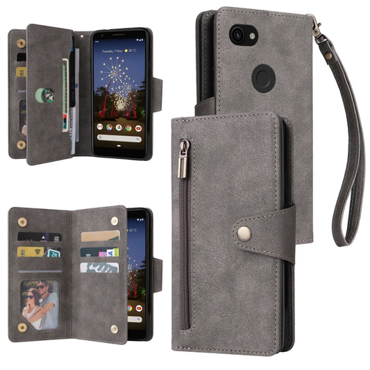 For Google Pixel 3A Rivet Buckle 9 Cards Three Fold Leather Phone Case(Grey) - Google Cases by PMC Jewellery | Online Shopping South Africa | PMC Jewellery | Buy Now Pay Later Mobicred