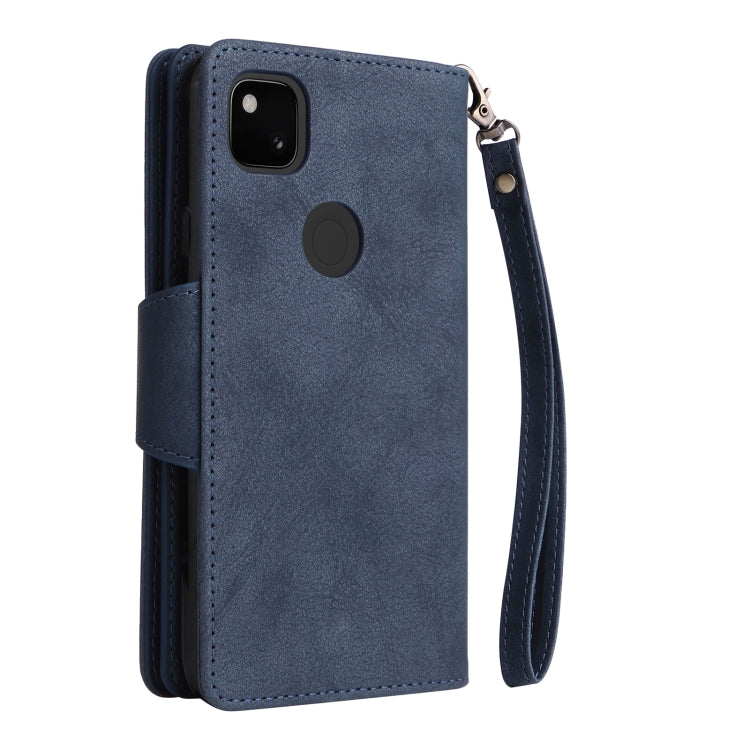 For Google Pixel 4A 4G Rivet Buckle 9 Cards Three Fold Leather Phone Case(Blue) - Google Cases by PMC Jewellery | Online Shopping South Africa | PMC Jewellery | Buy Now Pay Later Mobicred