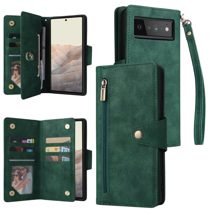 For Google Pixel 6 Pro Rivet Buckle 9 Cards Three Fold Leather Phone Case(Green) - Google Cases by PMC Jewellery | Online Shopping South Africa | PMC Jewellery | Buy Now Pay Later Mobicred