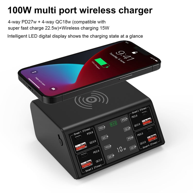 838w 9 in 1 100W 4 PD 3.0 USB-C / Type-C + 4 QC 3.0 USB Ports Smart Digital Display Wireless Charger, AU Plug(Black) - Multifunction Charger by PMC Jewellery | Online Shopping South Africa | PMC Jewellery | Buy Now Pay Later Mobicred