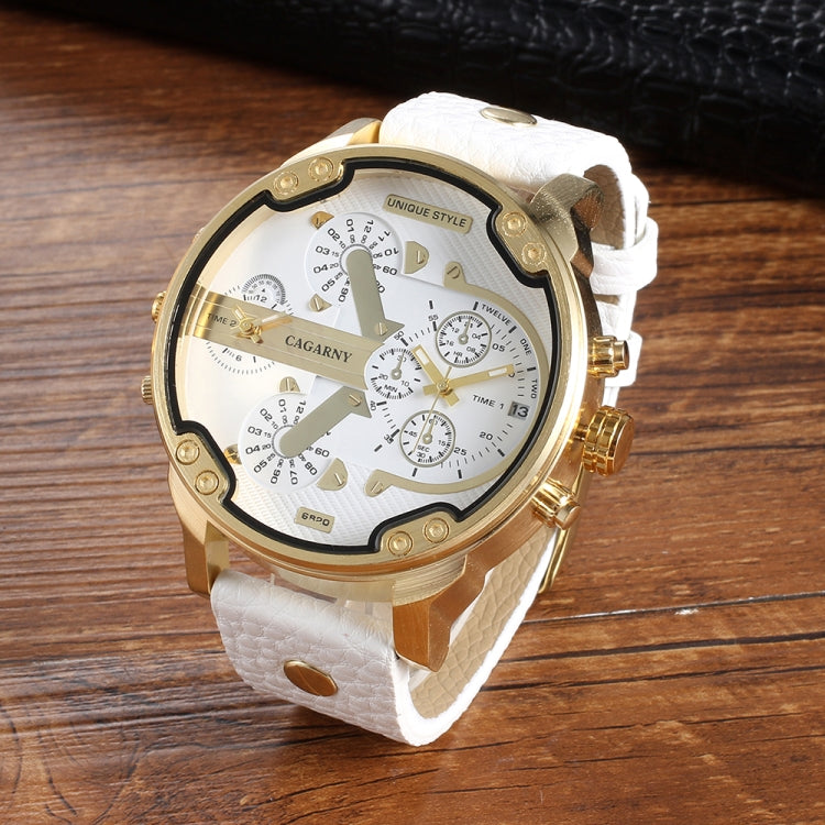 CAGARNY 6820 Round Large Dial Leather Band Quartz Dual Movement Watch For Men(Gold White Surface White Band) - Leather Strap Watches by CAGARNY | Online Shopping South Africa | PMC Jewellery | Buy Now Pay Later Mobicred