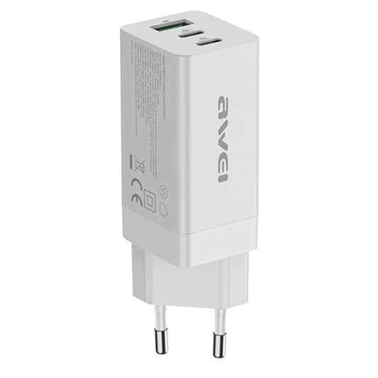 awei PD9 65W Dual Type-C / USB-C + USB GaN Fast Charging Travel Charger, EU Plug(White) - USB Charger by awei | Online Shopping South Africa | PMC Jewellery | Buy Now Pay Later Mobicred