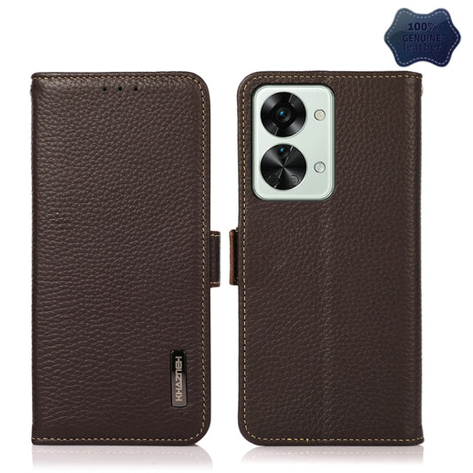 For OnePlus Nord 2T 5G KHAZNEH Litchi Texture RFID Genuine Leather Phone Case(Brown) - OnePlus Cases by PMC Jewellery | Online Shopping South Africa | PMC Jewellery | Buy Now Pay Later Mobicred