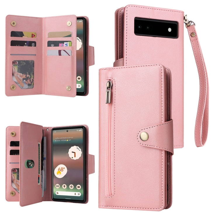 For Google Pixel 6a Rivet Buckle 9 Cards Three Fold Leather Phone Case(Rose Gold) - Google Cases by PMC TechLife | Online Shopping South Africa | PMC TechLife | Buy Now Pay Later Mobicred