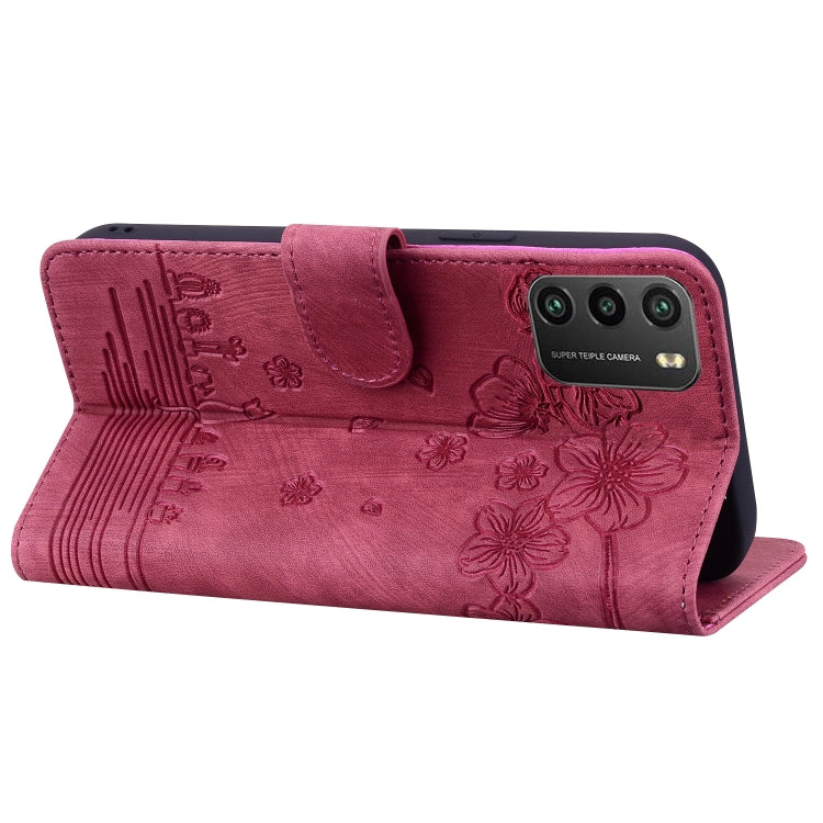 For Xiaomi Poco M3 / Redmi 9T Global Cartoon Sakura Cat Embossed Leather Phone Case(Wine Red) - Xiaomi Cases by PMC Jewellery | Online Shopping South Africa | PMC Jewellery