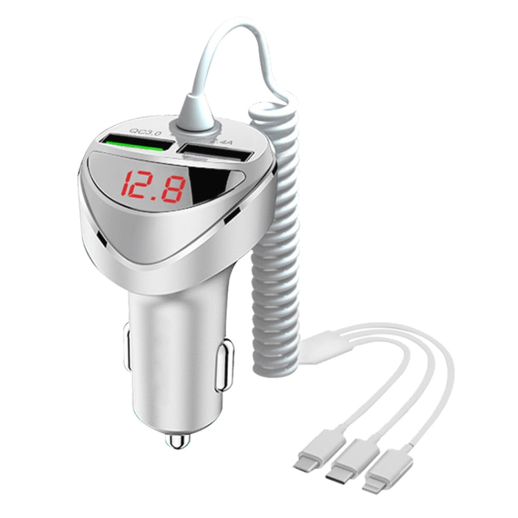 C68 LED Digital Display QC3.0 Fast Car Charger 3 in 1 with Spring Cable (Silver) - Car Charger by PMC Jewellery | Online Shopping South Africa | PMC Jewellery | Buy Now Pay Later Mobicred