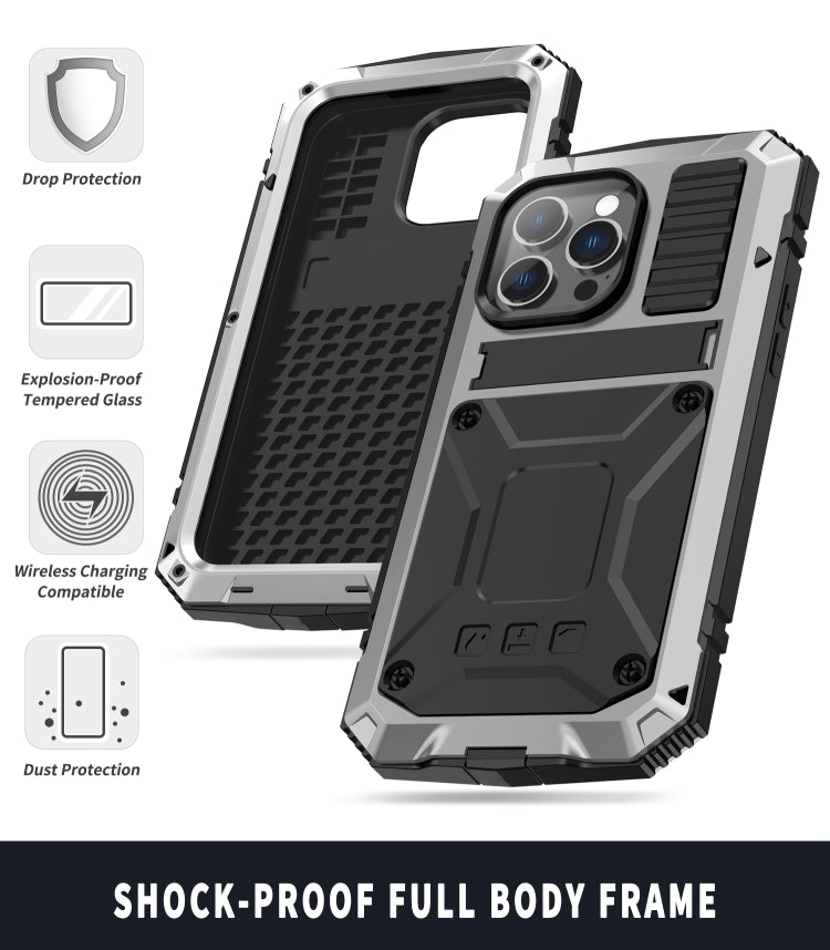 For iPhone 14 Pro R-JUST Shockproof Waterproof Dust-proof Case with Holder(Silver) - iPhone 14 Pro Cases by R-JUST | Online Shopping South Africa | PMC TechLife