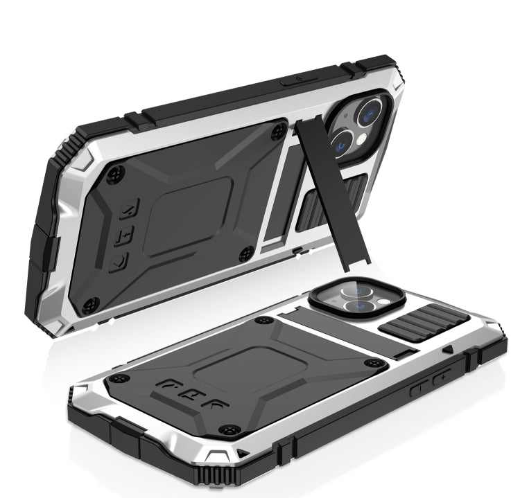 For iPhone 14 R-JUST Shockproof Waterproof Dust-proof Case with Holder (Silver) - iPhone 14 Cases by R-JUST | Online Shopping South Africa | PMC Jewellery | Buy Now Pay Later Mobicred