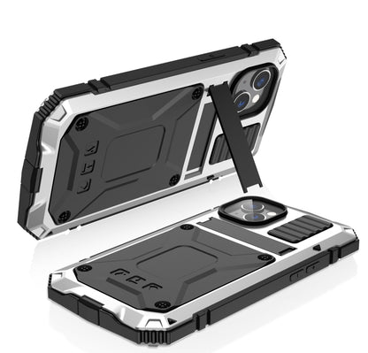 For iPhone 14 R-JUST Shockproof Waterproof Dust-proof Case with Holder (Silver) - iPhone 14 Cases by R-JUST | Online Shopping South Africa | PMC Jewellery | Buy Now Pay Later Mobicred