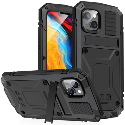 For iPhone 14 R-JUST Shockproof Waterproof Dust-proof Case with Holder (Black) - iPhone 14 Cases by R-JUST | Online Shopping South Africa | PMC Jewellery | Buy Now Pay Later Mobicred