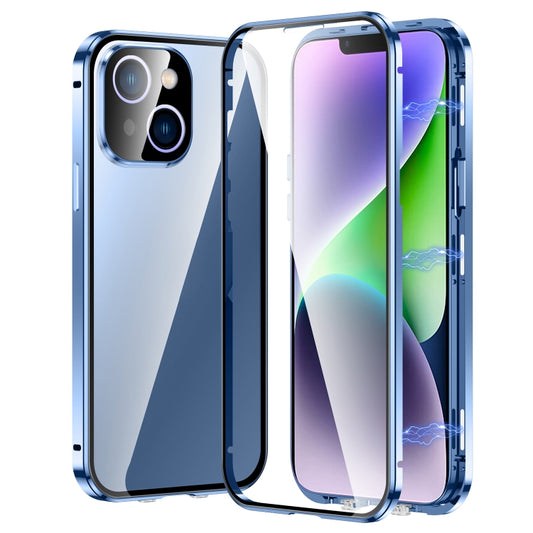 For iPhone 14 Magnetic Double-buckle HD Tempered Glass Phone Case (Blue) - iPhone 14 Cases by PMC Jewellery | Online Shopping South Africa | PMC Jewellery | Buy Now Pay Later Mobicred