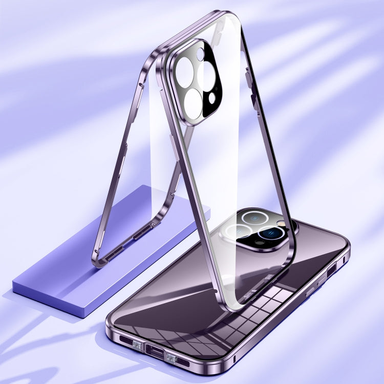 For iPhone 14 Magnetic Double-buckle HD Tempered Glass Phone Case (Purple) - iPhone 14 Cases by PMC Jewellery | Online Shopping South Africa | PMC Jewellery | Buy Now Pay Later Mobicred