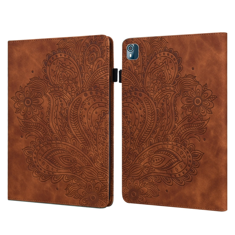 For Nokia T10 Peacock Embossed Pattern Leather Tablet Case(Brown) - Nokia by PMC TechLife | Online Shopping South Africa | PMC TechLife | Buy Now Pay Later Mobicred