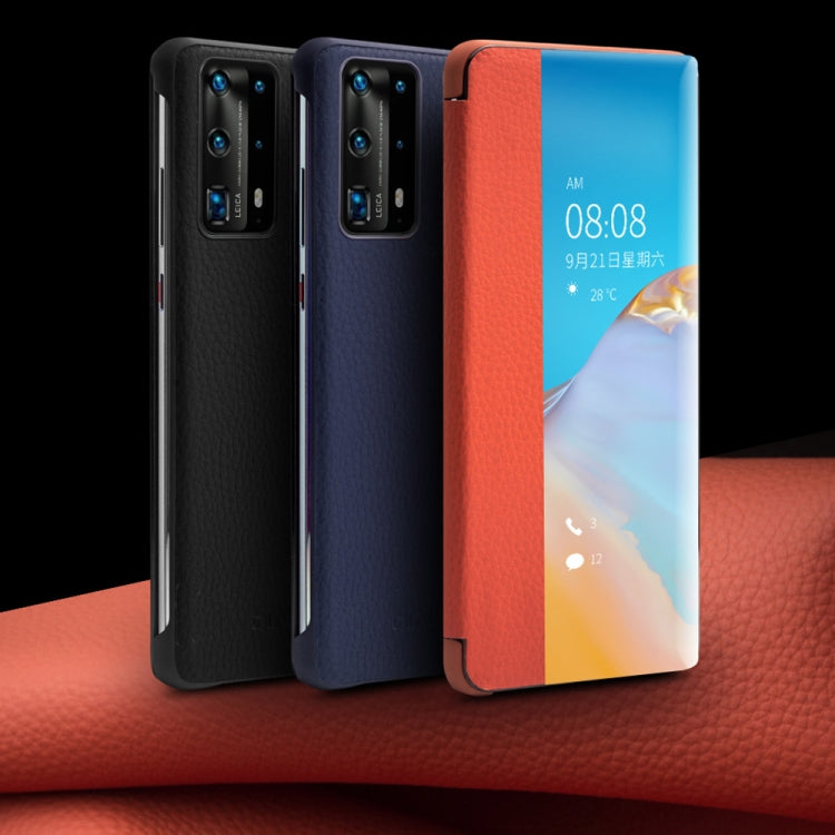 For Huawei P40 QIALINO Litchi Texture Side Window View Leather Phone Case(Black) - Huawei Cases by QIALINO | Online Shopping South Africa | PMC TechLife | Buy Now Pay Later Mobicred