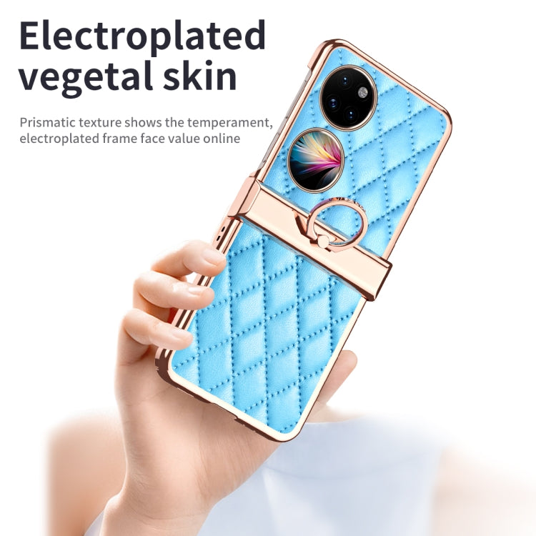For Huawei P50 Pocket Grid Leather Pattern Electroplating Frame Folding Phone Case(Blue) - free shipping - PMC TechLife - Order now!