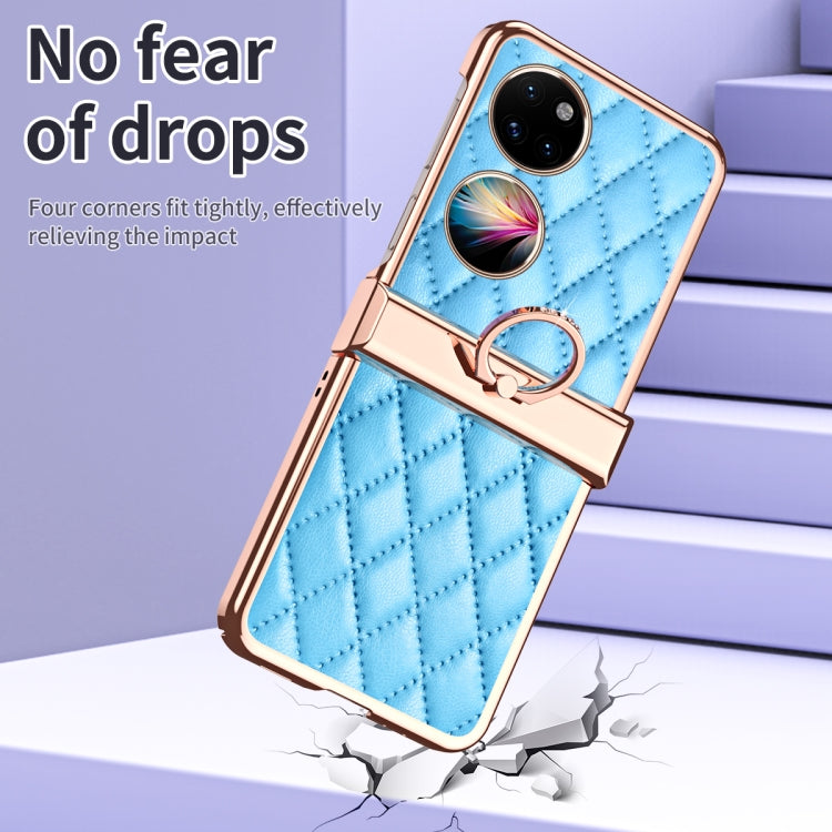 For Huawei P50 Pocket Grid Leather Pattern Electroplating Frame Folding Phone Case(Blue) - free shipping - PMC TechLife - Order now!