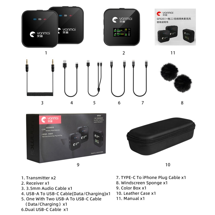 Yanmai GF525 2 in 1 Broadcast 2.4G Wireless Lavalier Microphone Mini Clip-on Mic with LED Display - Microphone by Yanmai | Online Shopping South Africa | PMC Jewellery | Buy Now Pay Later Mobicred